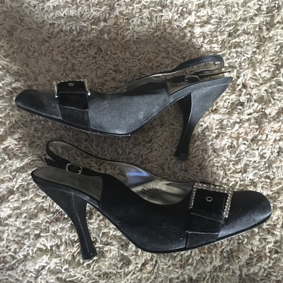 Satin round toe sling backs w/rhinestone buckle - Picture 2 of 3